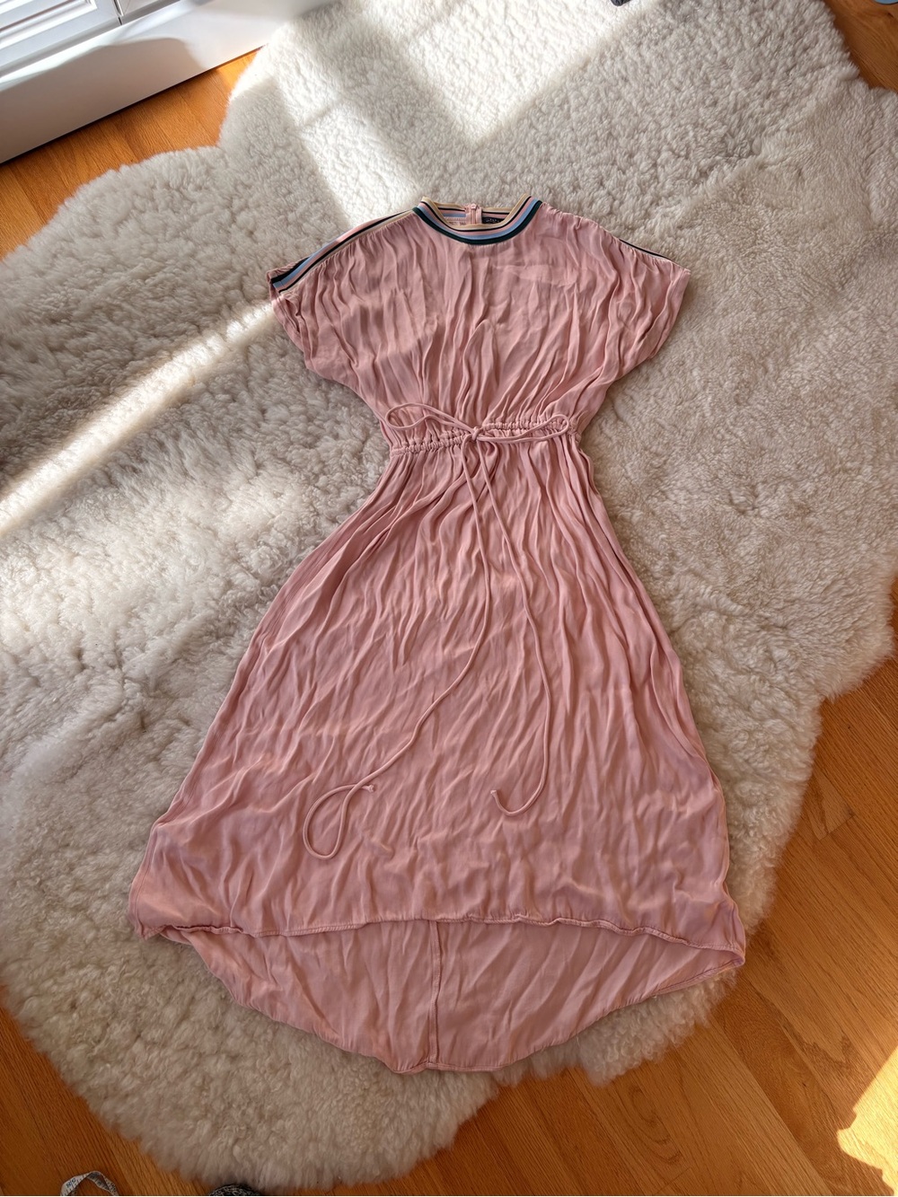 Zara Woman Cotton Candy Pink Striped Collar Midi Dress with Drawstring Waist